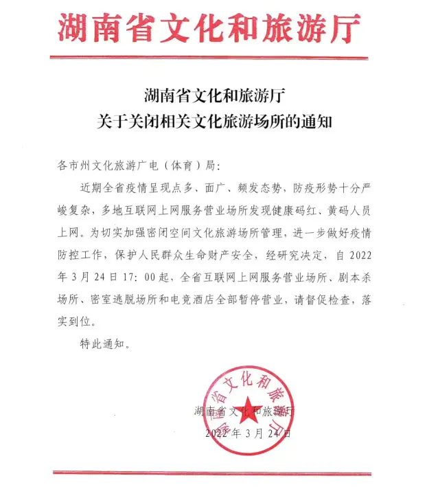 湖南省文化和旅游厅关于关闭相关文化旅游场所的通知(图1)
